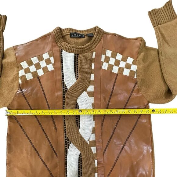 GOCHU Mens Vintage 90's Acrylic Sweater Brown Leather Patch Cosby Coogi SZ Large - Picture 9 of 12